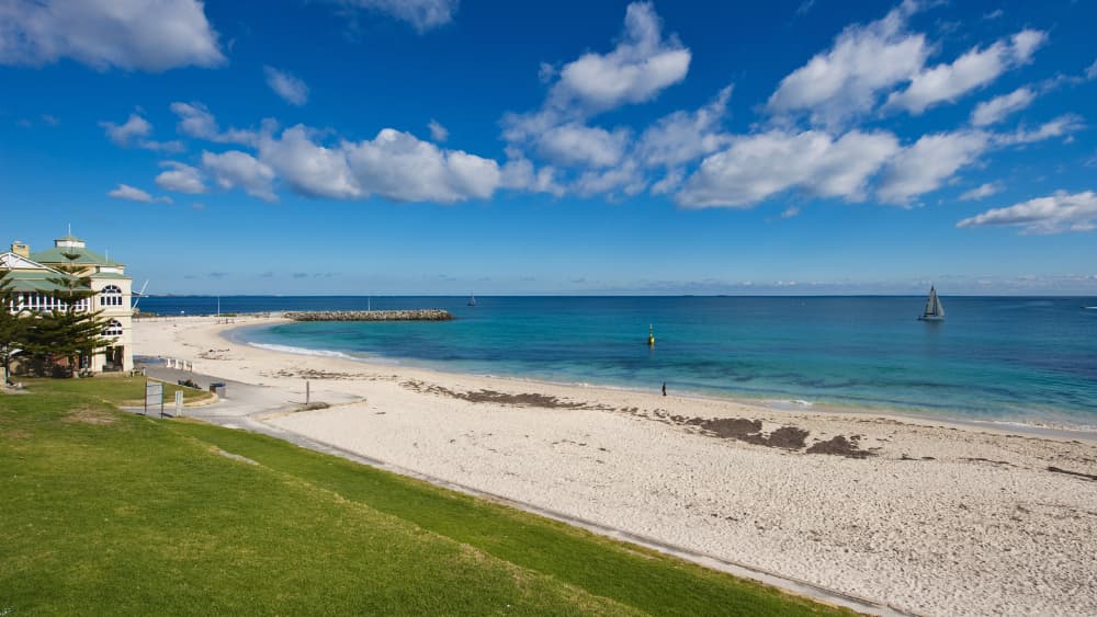 Cottesloe beach Perth picnic spot. Grassy area looking out over the sand to the ocean. There is a small sailboat on the water.