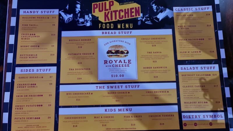 Planet Royale menu, pulp kitchen menu showing their signature dish they Royale with cheese