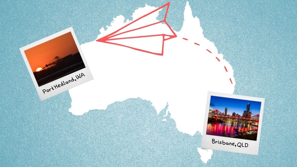Graphic of plane flying from Brisbane to Port Hedland over stylised map of Australia. There are two polaroids - one of Brisbane city at night on the right and one of port hedland sunset on the left.