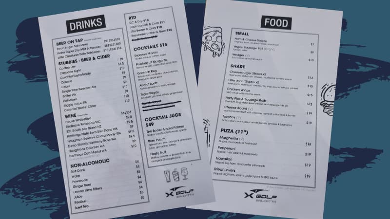 Image of X-Golf Balcatta's menu. Drinks on the left and Food of the right.