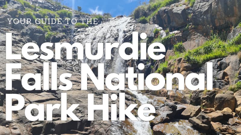 Image of water flowing Lesmurdie Falls with white text overlaid which reads "Your guide to the Lesmurdie Falls National Park Hike"