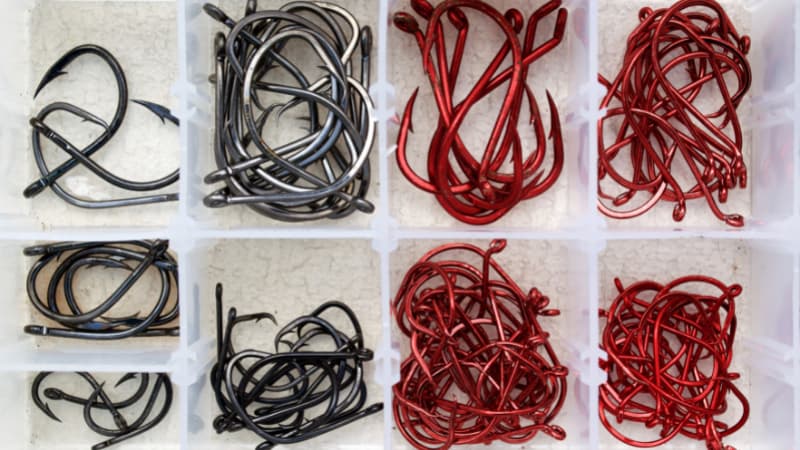 Fishing hooks arranged by size in a tackle box. The hooks are black and red.