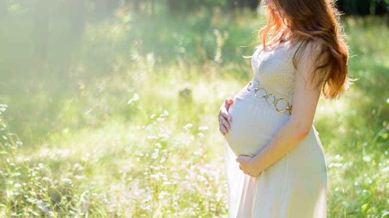 Woman standing in a field holding her pregnant belly.