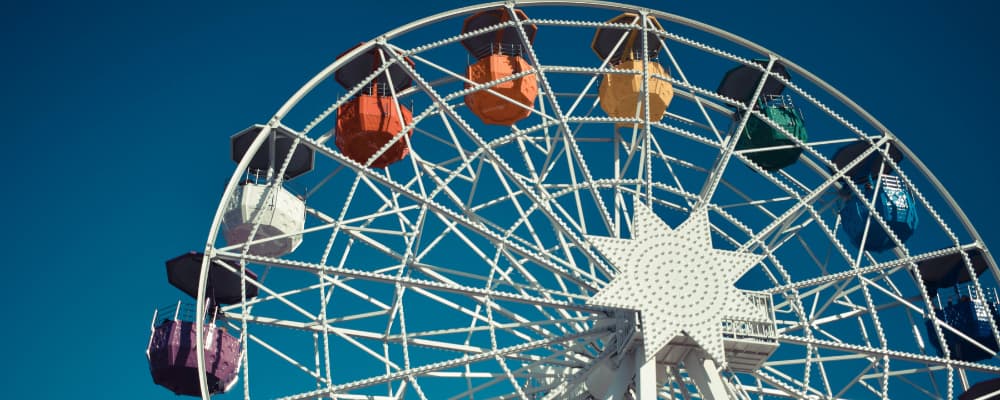 Vintage image of blue sky with clouds, in the centre there is a bright, colourful ferris wheel. Text "Perth's best Entertainment" is overlaid.