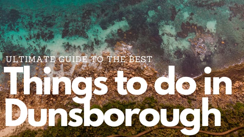 Aerial shot of Castle Rock Bay beach and water. Text over the image reads: "Ultimate guide to the best things to do in Dunsborough"