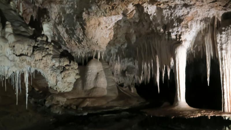 White stalactites hang from the ceiling of Lake Cave