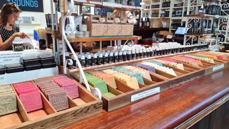 Shelf of soaps in all the colours of the rainbow at Fremantle Markets