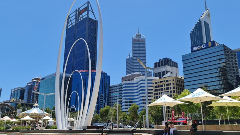 Elizabeth Quay - Spanda sculpture with the the city buildings in the background