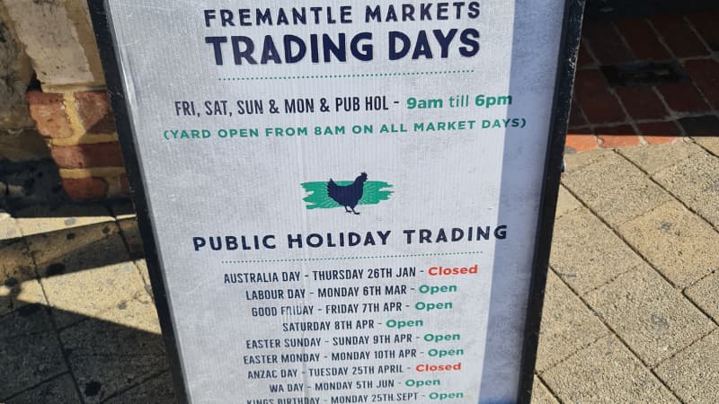 A-frame sign at Fremantle Markets that shows opening times