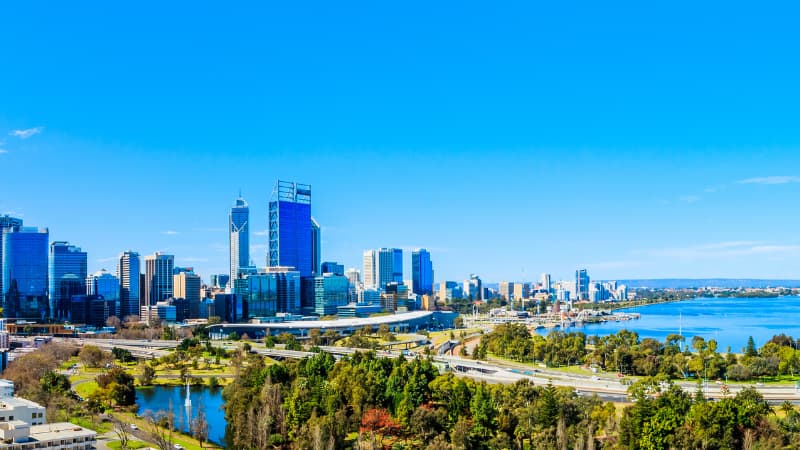 View of the Perth city skyline and Swan River from Kings Park