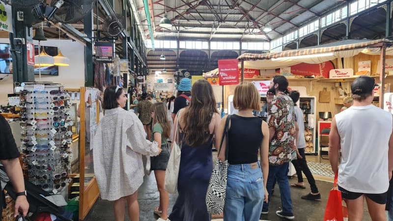 Crowd of people wandering through Fremantle Marketss