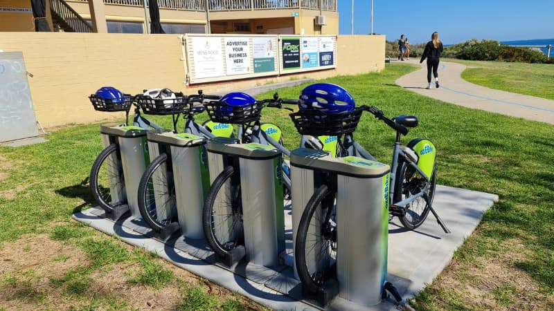 a row of four bikes for rent on the grassy parklands