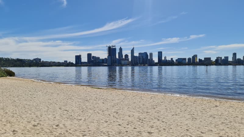 Perth city skyline with the Swan River in the foreground
