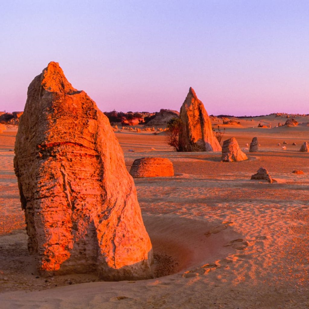 Pinnacles in front of a pink sunset