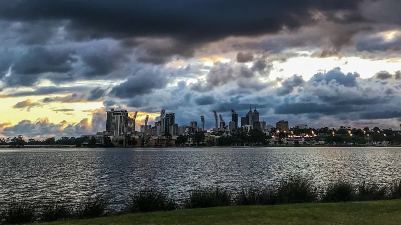 Perth city skyline from across the Swan River on an overcast day