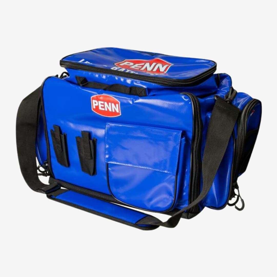 Blue Penn tackle bag. it has red and black details