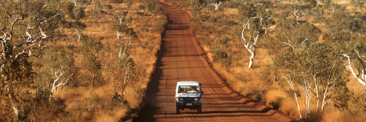 A White 4WD drives down a dirt road in the bush in WA