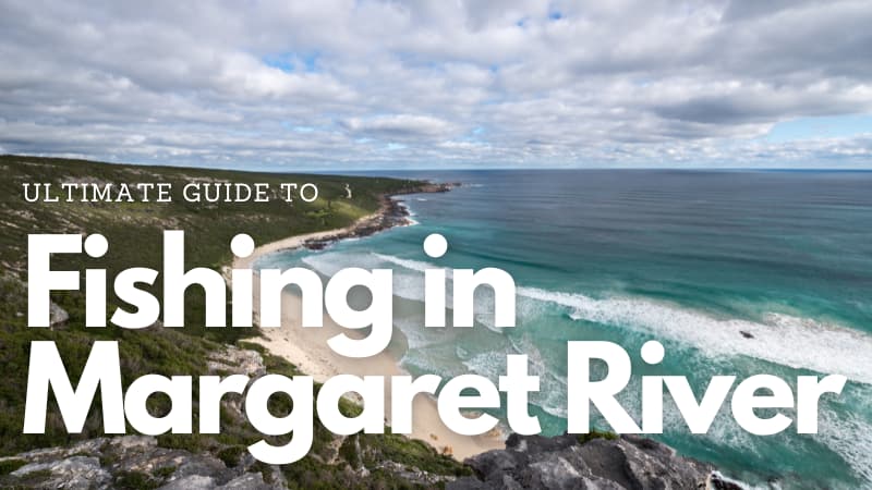Waves crashing onto the sand on the Margaret River coastline. Text overlay reads "Ultimate guide to fishing in Margaret River"