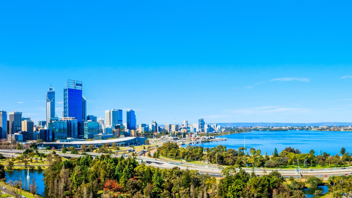 Perth city from Kings Park on a clear, sunny day
