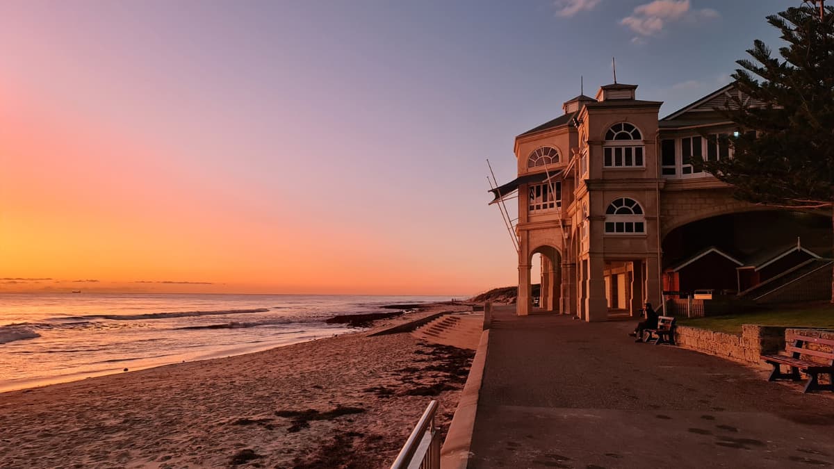 Indiana Tea House stands on the shores of Cottesloe Beach at sunset