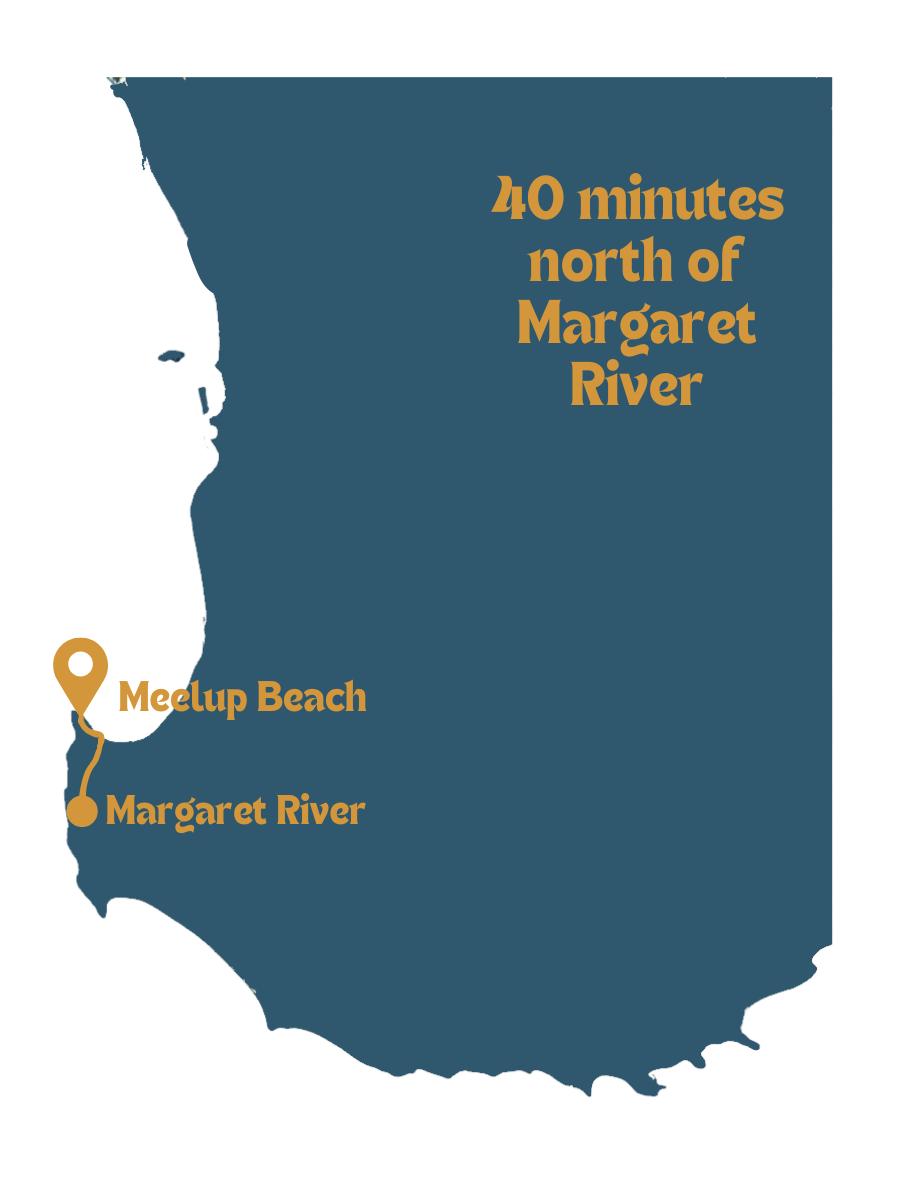 Map showing the location of Meelup Beach, 40 minutes north of Margaret River.