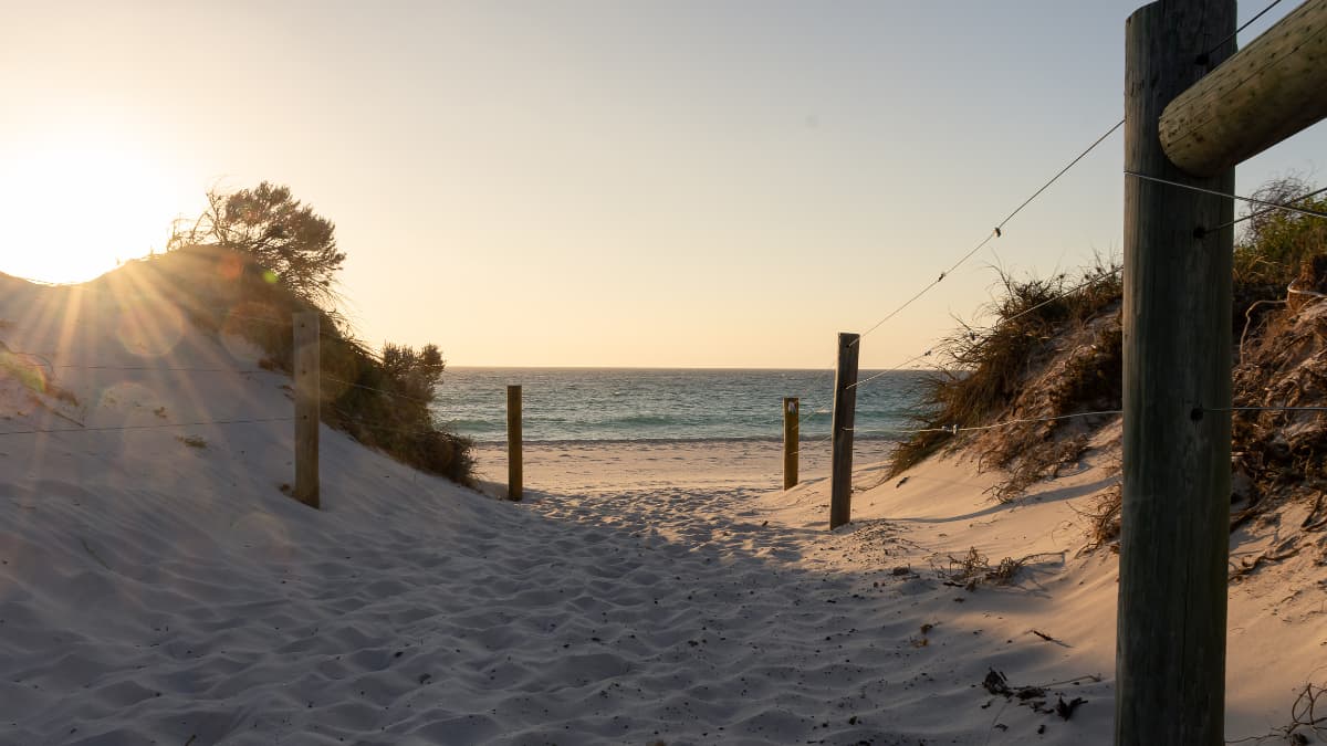 Pathway leading through sand dunes to a beach in Perth at sunset, with golden sunlight casting a warm glow over the sand and ocean waves gently hitting the shore