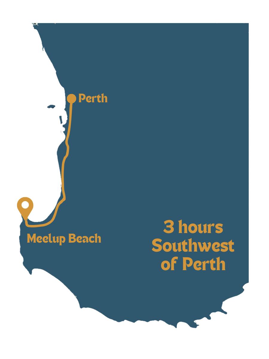 Simple map showing the route from Perth to Meelup Beach, indicating that it is a 3-hour drive southwest of Perth.