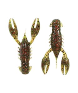 Zman Crawz ZMan TRD CrawZ soft plastic lures resembling crayfish, in a natural olive and red flake colour, shown from top and underside view.
