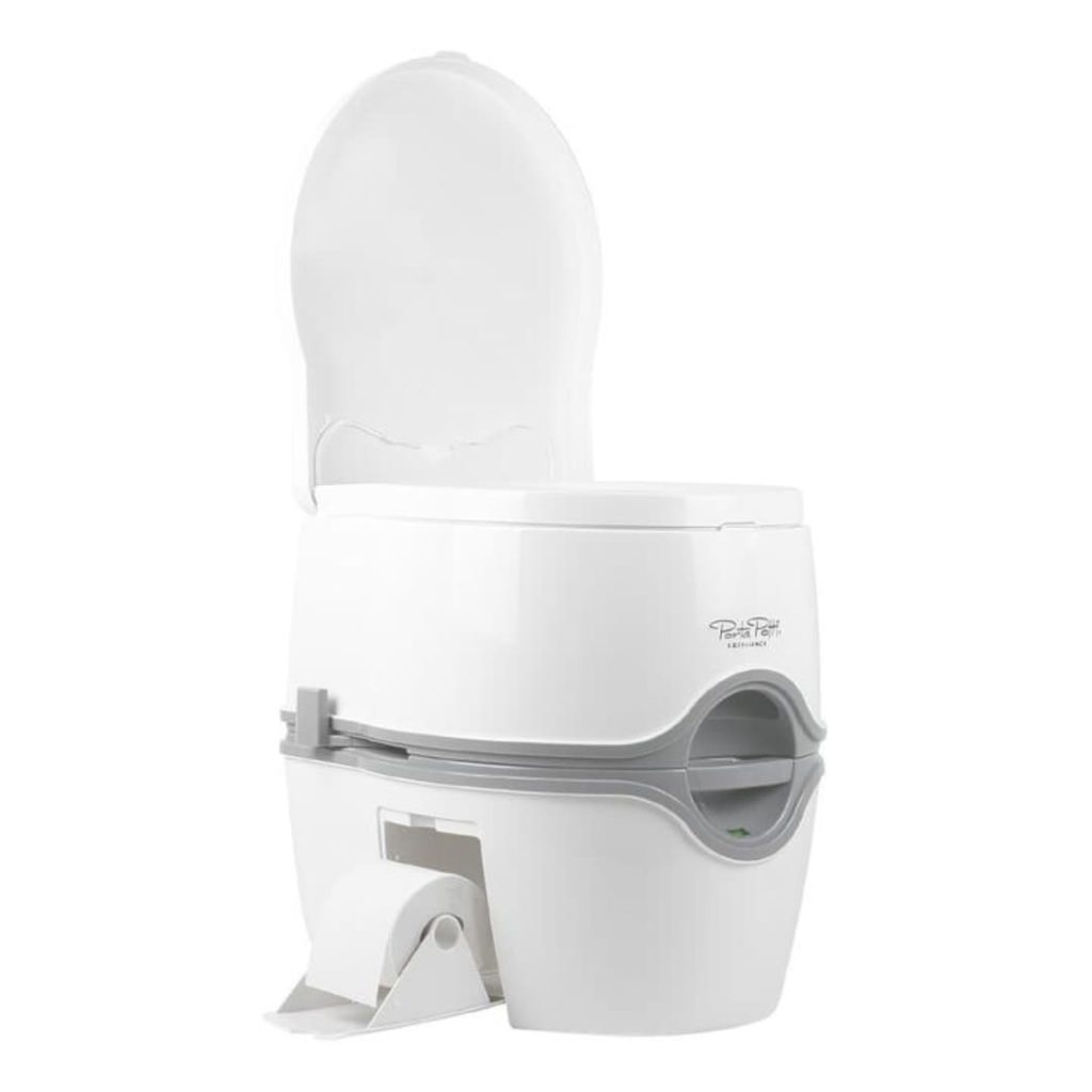Thetford Porta Potti 565E Premium electric flush portable toilet with full-size seat and 21-litre waste tank, perfect for family camping or long stays.