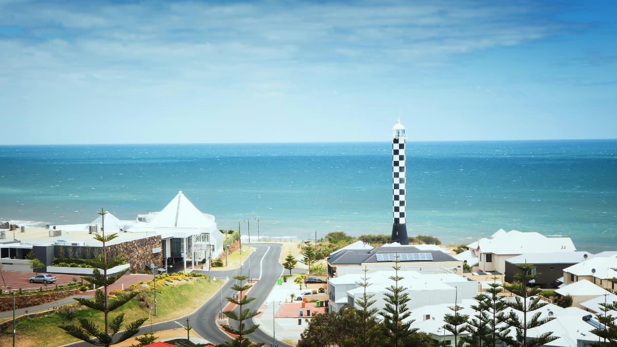 Bunbury Fishing Black and white striped lighthouse overlooking the Indian Ocean in Bunbury, Western Australia